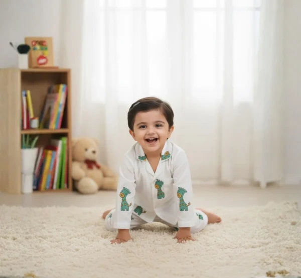 Green giraffe print kids night suit standing pose, soft and comfortable kids sleepwear