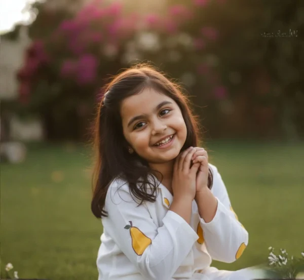 Yellow mango kids night suit profile view, soft cotton breathable sleepwear