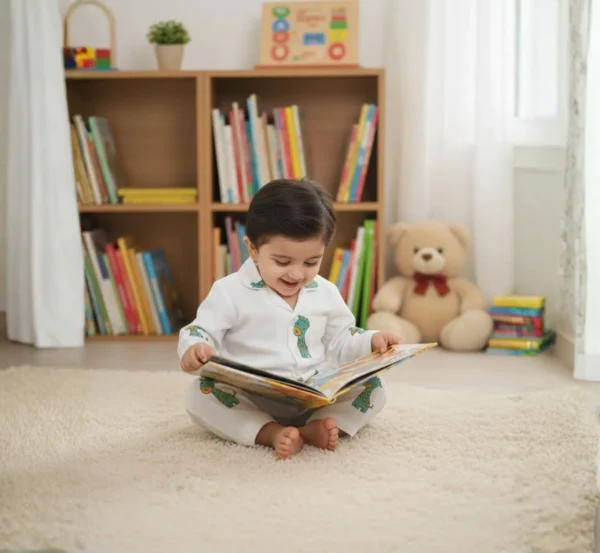 Green giraffe print kids night suit sitting pose, cozy and soft cotton sleepwear