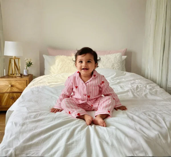 Pink stripe kids night suit sitting pose, cozy and breathable sleepwear
