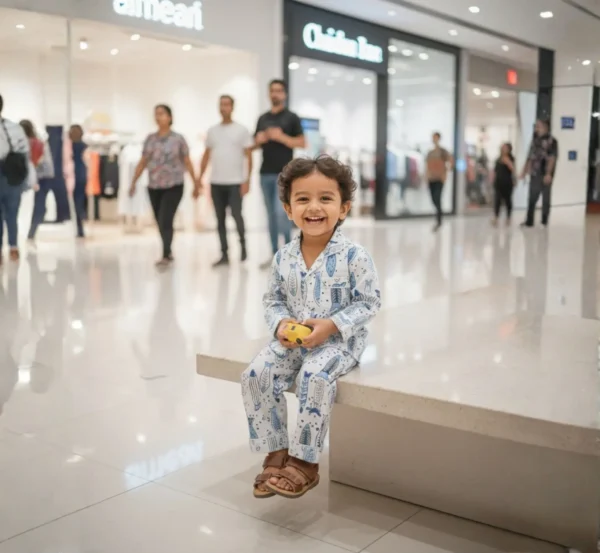 Blue fish block print kids night suit indoor shot, relaxed and cozy sleepwear
