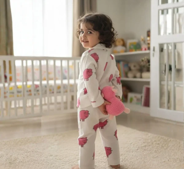 Red buffalo print kids night suit back view, soft cotton comfortable sleepwear for kids