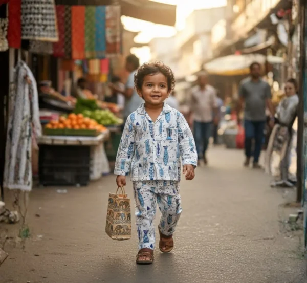 Blue fish block print kids night suit front view, stylish and soft sleepwear