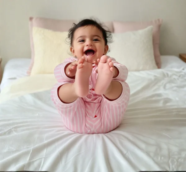 Pink stripe kids night suit laughing child, joyful and comfy sleepwear