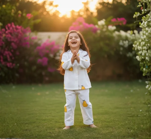 Yellow mango kids night suit lifestyle shot, playful and cozy sleepwear