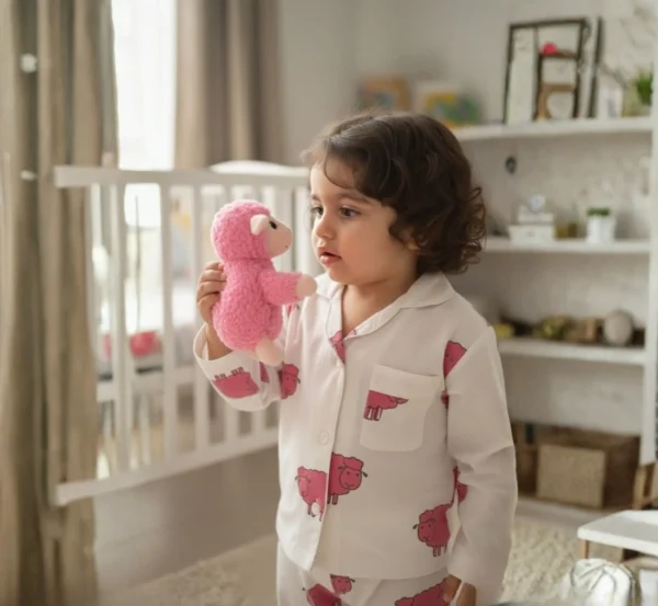 Red buffalo print kids night suit playing pose, fun and active comfortable sleepwear