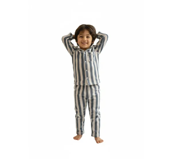 Grey stripe kids night suit catalog shot, detailed and stylish kids sleepwear