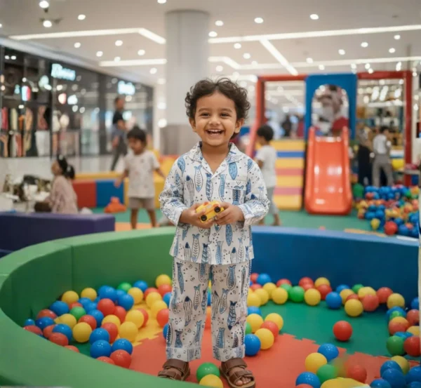 Stylish Blue Fish Block Print Pajama Set for Kids