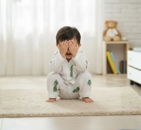 Green giraffe print kids night suit lifestyle shot, playful and cozy sleepwear