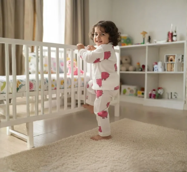 Red buffalo print kids night suit side view, stylish and soft cotton sleepwear