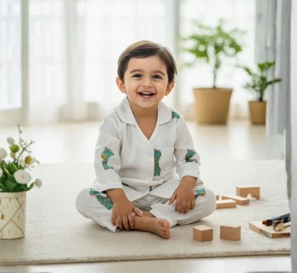 Green giraffe print kids night suit laughing pose, soft and comfortable sleepwear