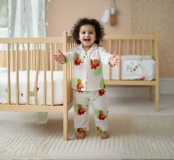 Green elephant print kids night suit catalog image, soft and stylish sleepwear