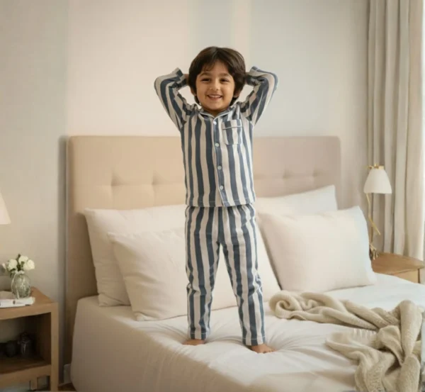 Grey stripe kids night suit full length view, soft and breathable sleepwear