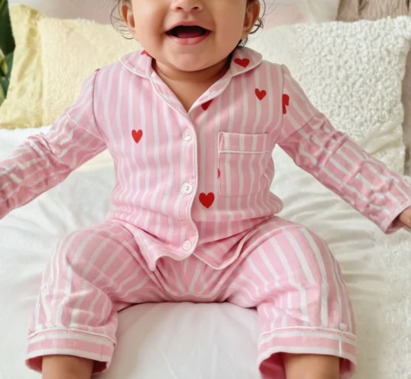 Pink stripe kids night suit shirt detail view, stylish and soft sleepwear