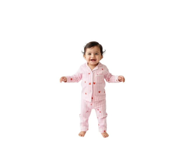 Pink Stripe and Red Heart Cotton Night Suit sleepwear for Kids hover view