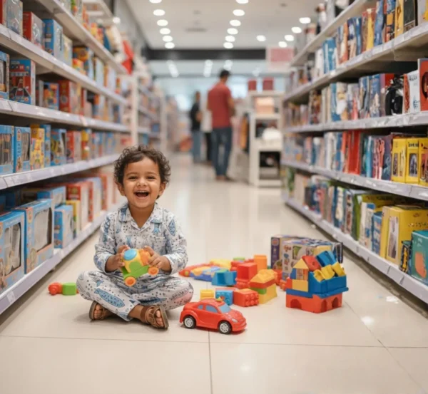 Blue fish block print kids night suit sitting pose, cozy and breathable sleepwear