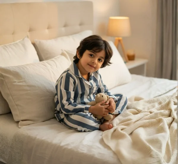 Grey stripe kids night suit sitting pose, cozy cotton kids sleepwear