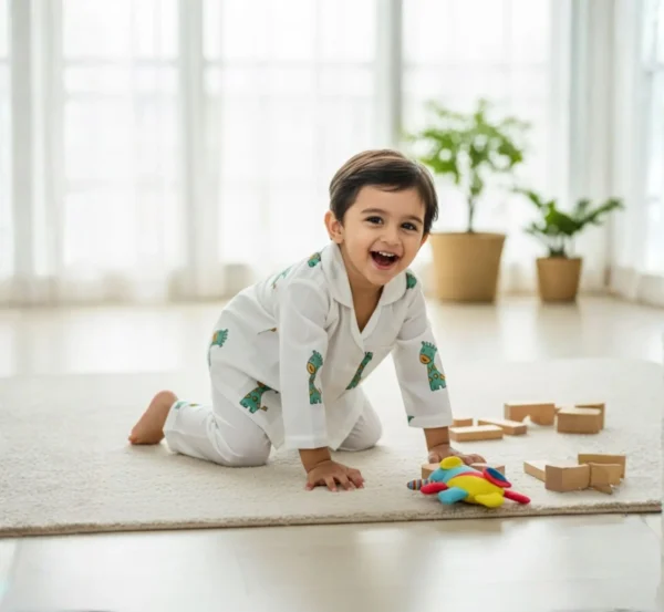 Green giraffe print kids night suit playtime shot, fun and cozy sleepwear for kids