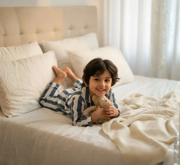 Grey stripe kids night suit playing pose, fun and comfortable cotton sleepwear