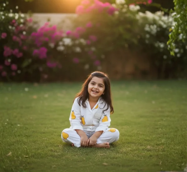 Yellow mango kids night suit smiling view, cheerful and comfortable sleepwear