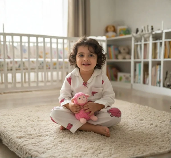 Red buffalo print kids night suit sitting pose, cozy and fun sleepwear for children