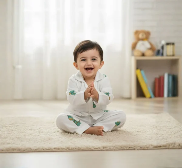 Green giraffe print kids night suit natural profile view, soft cotton sleepwear