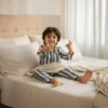 Grey stripe kids night suit front view, soft and comfortable cotton sleepwear
