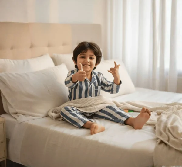 Grey stripe kids night suit front view, soft and comfortable cotton sleepwear