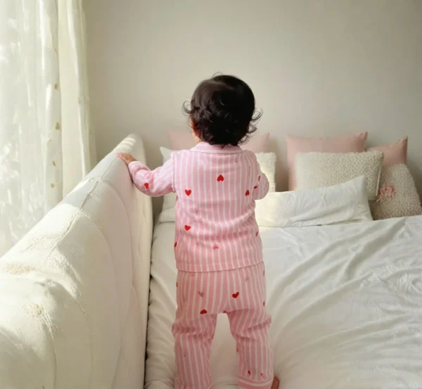 Pink stripe kids night suit back view, soft and comfortable sleepwear for kids