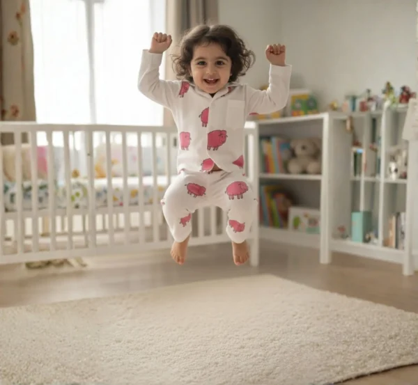 Red buffalo print kids night suit front view, soft and comfortable sleepwear for children