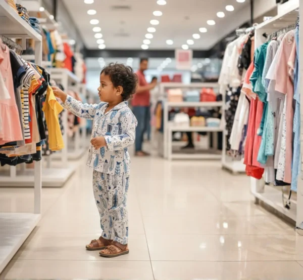 Blue fish block print kids night suit side view, soft cotton comfortable sleepwear