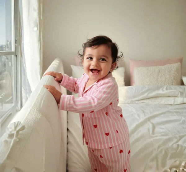 Pink Stripe and Red Heart Cotton Night Suit sleepwear for Kids
