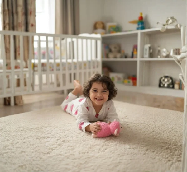 Red buffalo print kids night suit lying down, relaxed and comfortable bedtime outfit