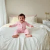 Pink stripe kids night suit front view, soft and stylish sleepwear