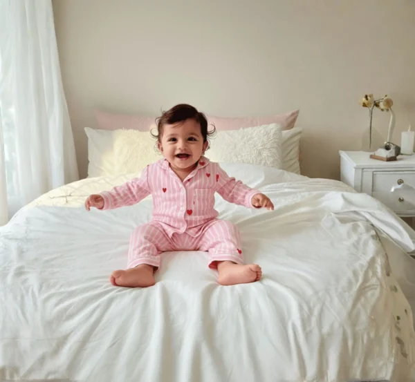 Pink stripe kids night suit front view, soft and stylish sleepwear