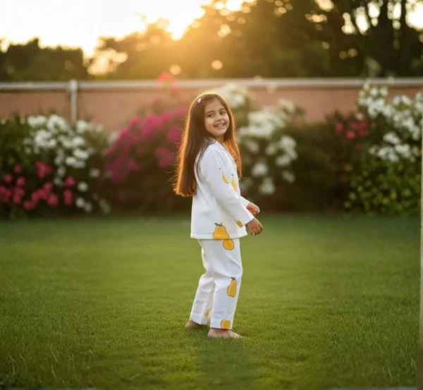 Yellow mango kids night suit side view, soft cotton breathable sleepwear