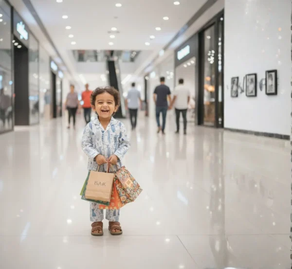Blue fish block print kids night suit standing pose, stylish and comfy sleepwear