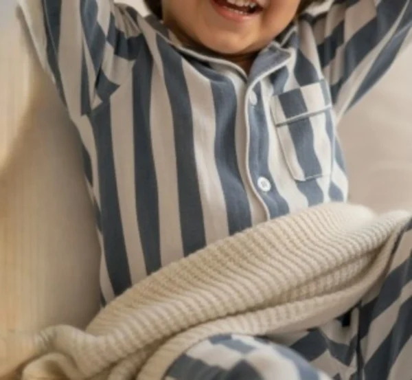 Grey stripe kids night suit shirt detail view, soft cotton sleepwear