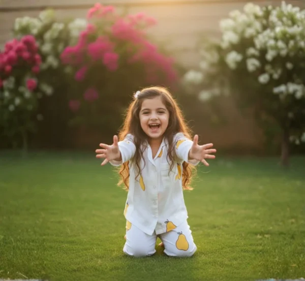 Yellow mango kids night suit sitting pose, comfortable cotton sleepwear