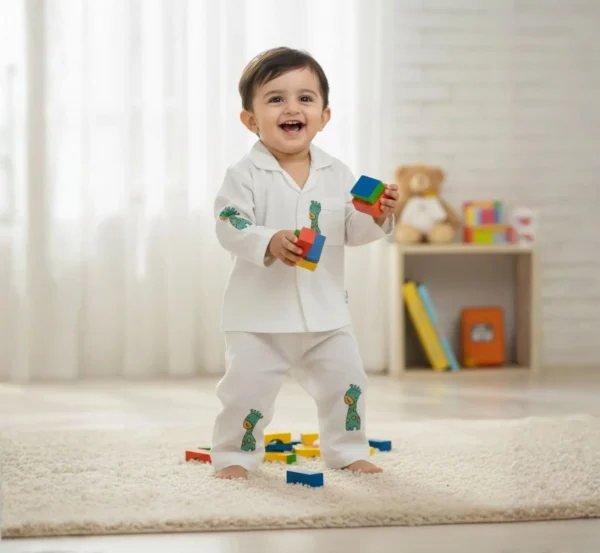 Green giraffe print kids night suit playing pose, soft cotton kids sleepwear