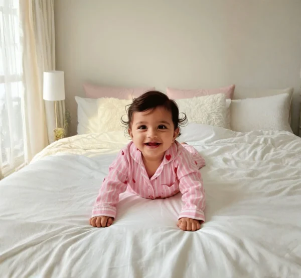 Pink stripe kids night suit candid shot, natural and comfy kids sleepwear