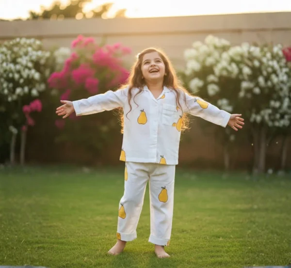 Yellow mango kids night suit candid shot, soft cotton breathable sleepwear