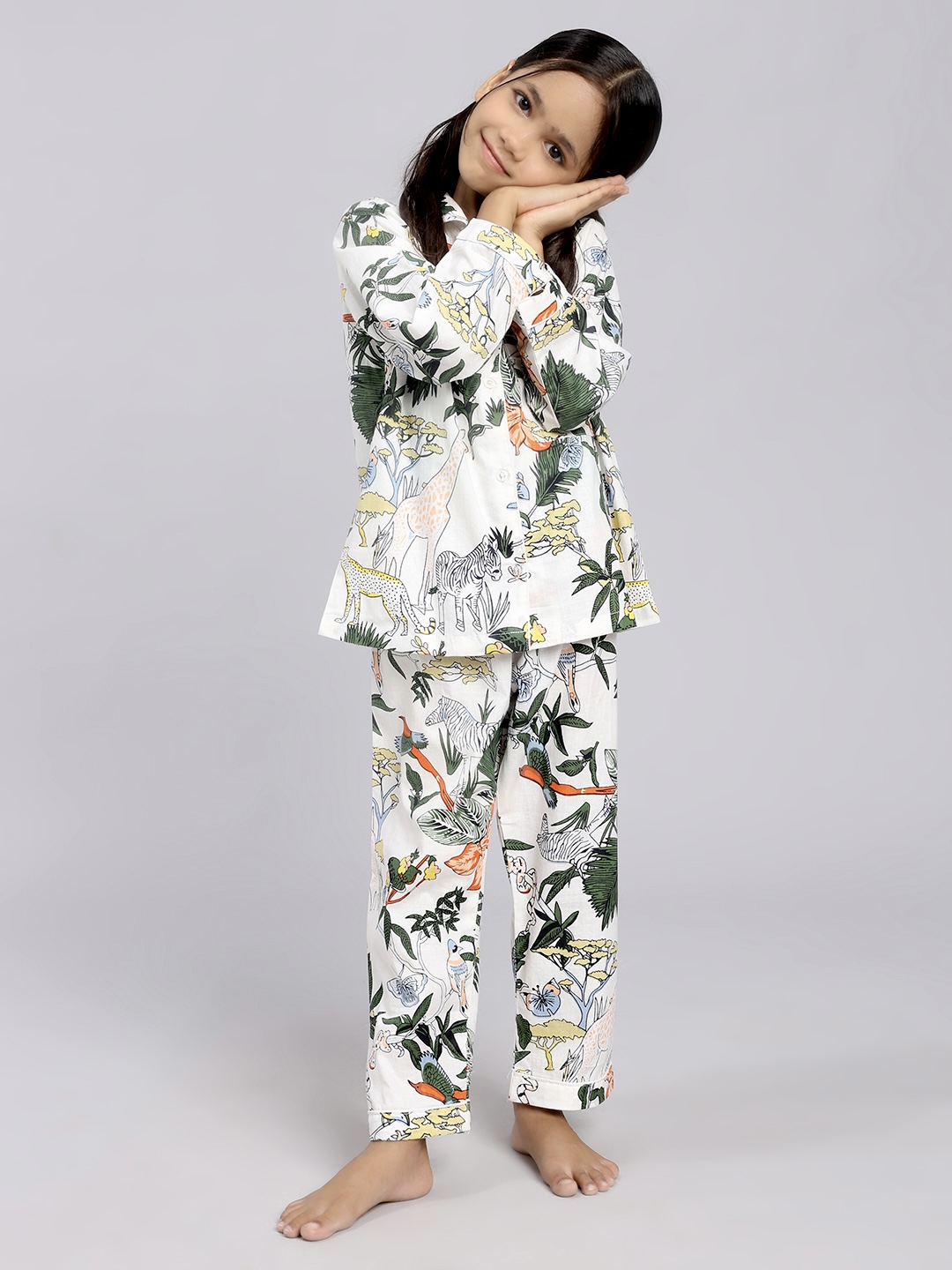 Kids Night suit - White Jungle Print