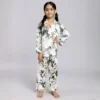 Kids white jungle print cotton night suit profile view, soft and breathable sleepwear