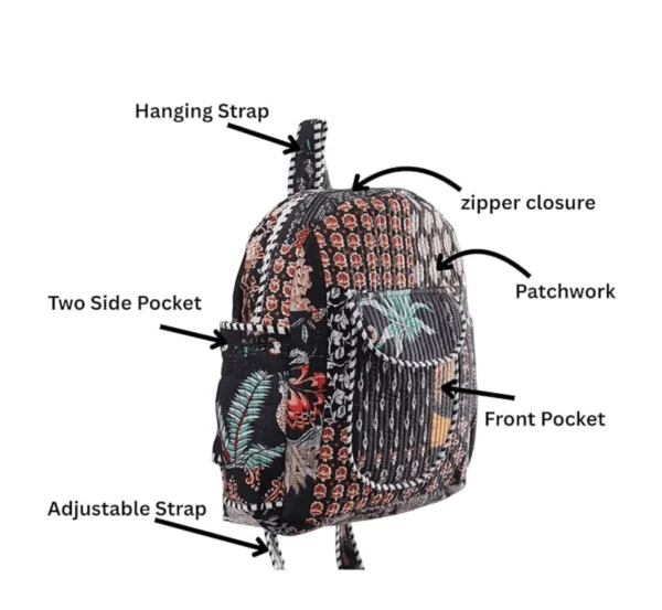 Black patchwork cotton backpack lightweight design, soft and easy-to-carry school bag