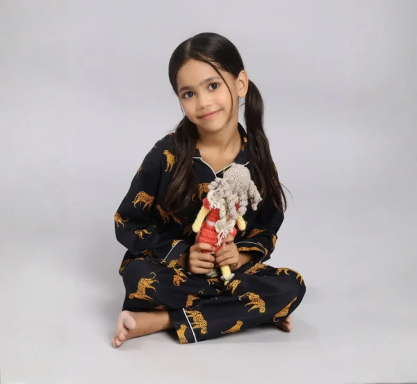 Yellow Tiger Design Black Tiger Print Cotton Night Suit for Kids
