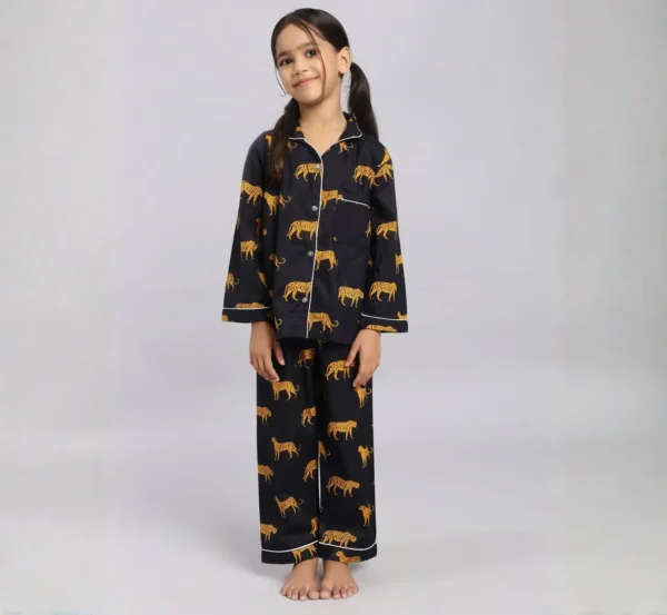 Kids black tiger print cotton night suit smiling look, soft and comfortable sleepwear