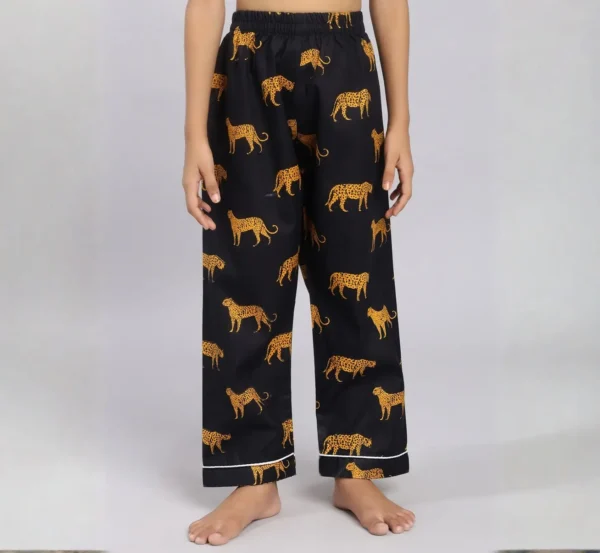 Kids black tiger print cotton night suit bottom detail, soft fabric and comfortable fit
