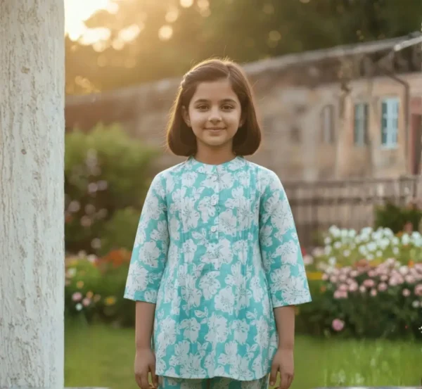 Aqua blue floral girls cotton co-ord set front smiling view, stylish and breathable kids outfit