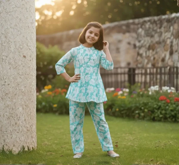 Aqua blue floral girls cotton co-ord set full length pose, comfortable and fashionable kids wear